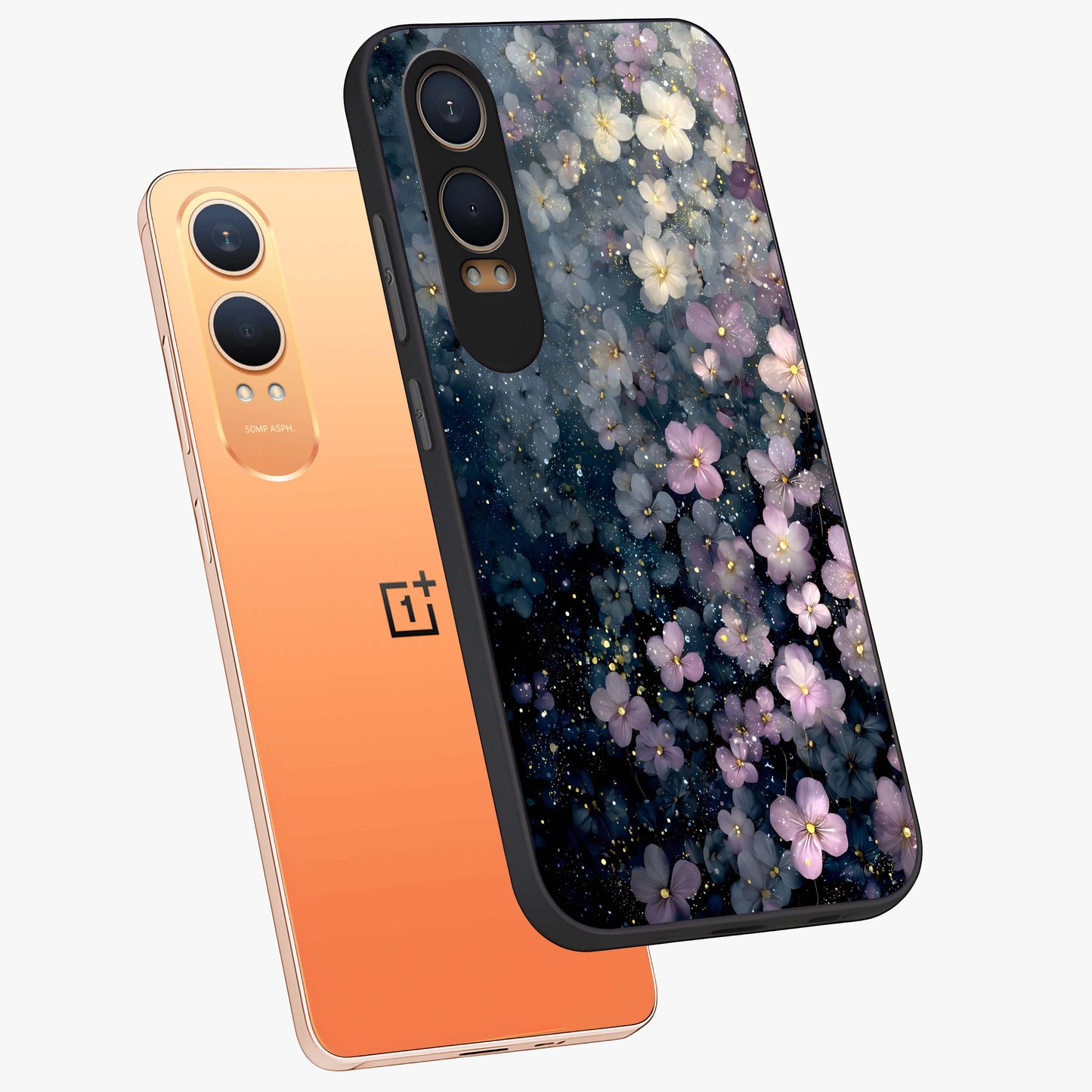 Starlit Blossom Dreams Glass Case for 1+Nord CE 4 Lite angled mockup showcasing glossy finish and soft celestial detailing
