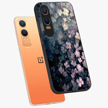 Starlit Blossom Dreams Glass Case for 1+Nord CE 4 Lite angled mockup showcasing glossy finish and soft celestial detailing