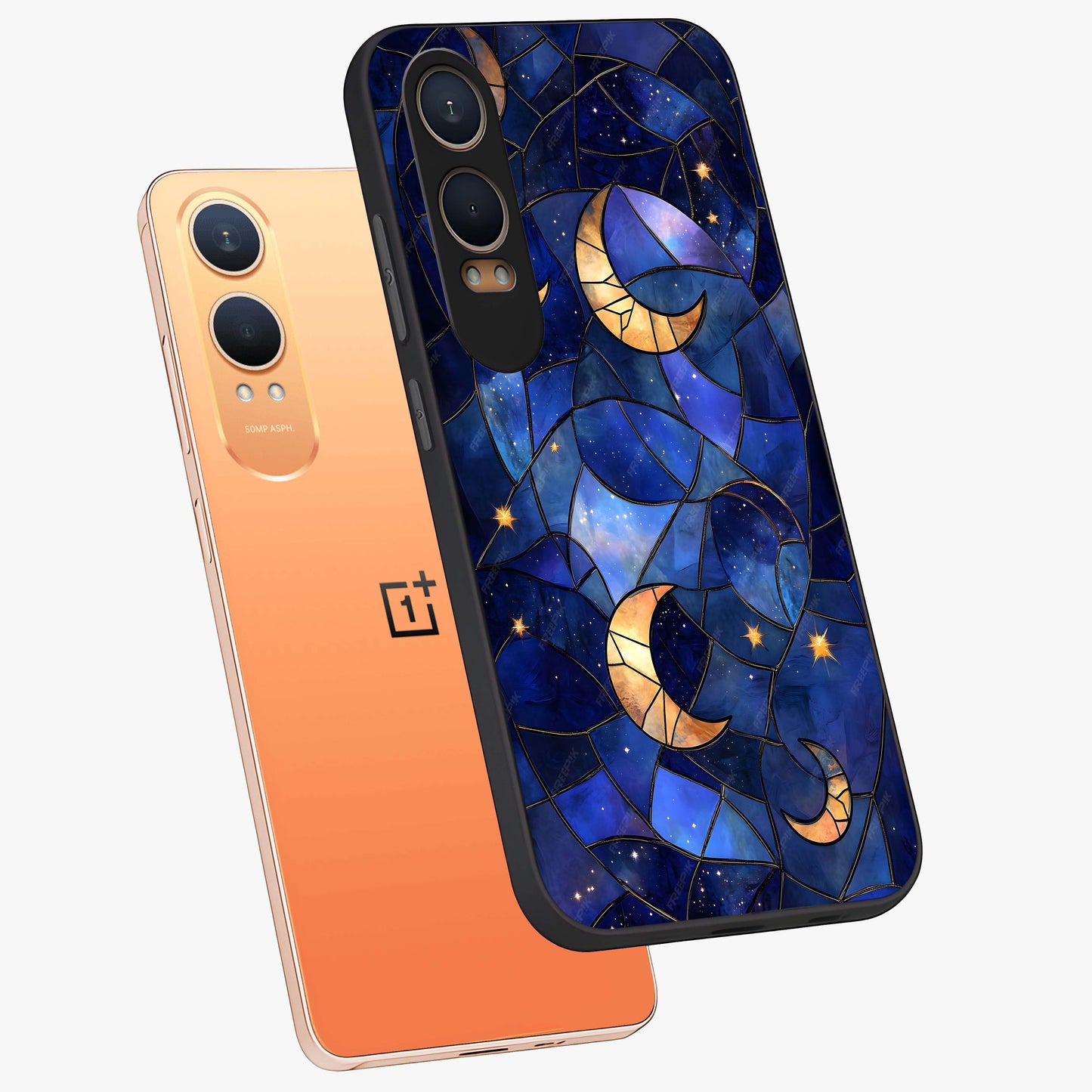 Starlit Sky Tapestry Glass Case for 1+Nord CE 4 Lite angled mockup showcasing glossy finish and rich night tones