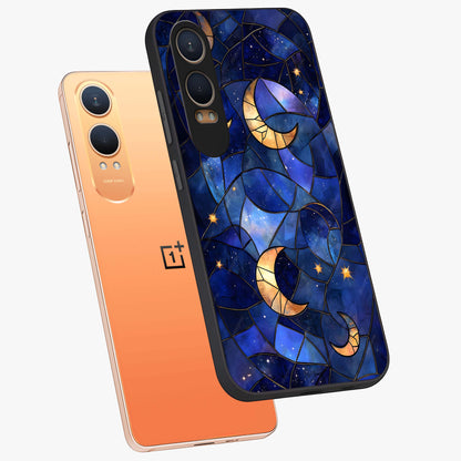 Starlit Sky Tapestry Glass Case for 1+Nord CE 4 Lite angled mockup showcasing glossy finish and rich night tones