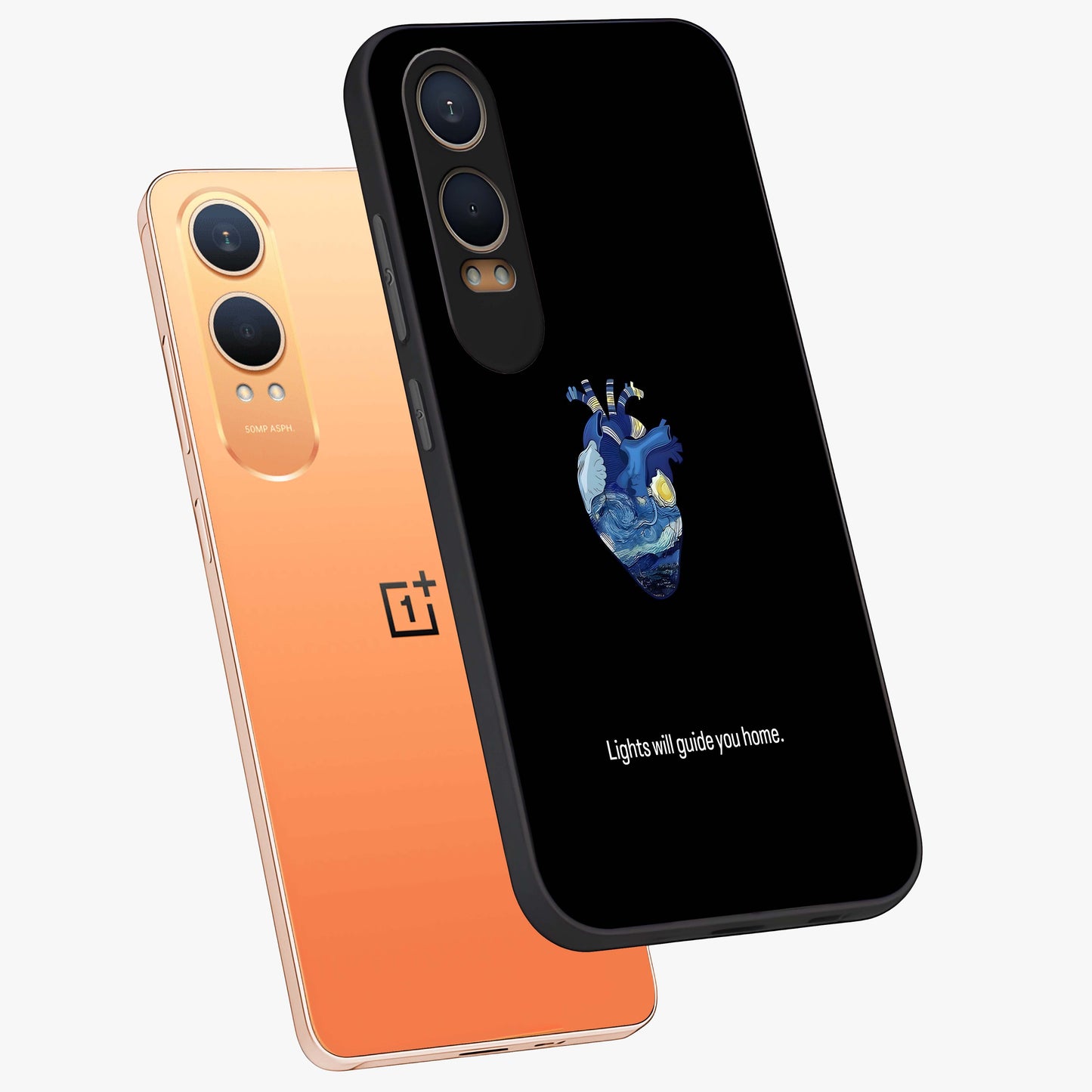 Starry Heart Compass Glass Case for 1+Nord CE 4 Lite angled mockup showcasing glossy finish and celestial gradient tones