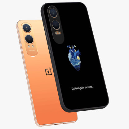 Starry Heart Compass Glass Case for 1+Nord CE 4 Lite angled mockup showcasing glossy finish and celestial gradient tones