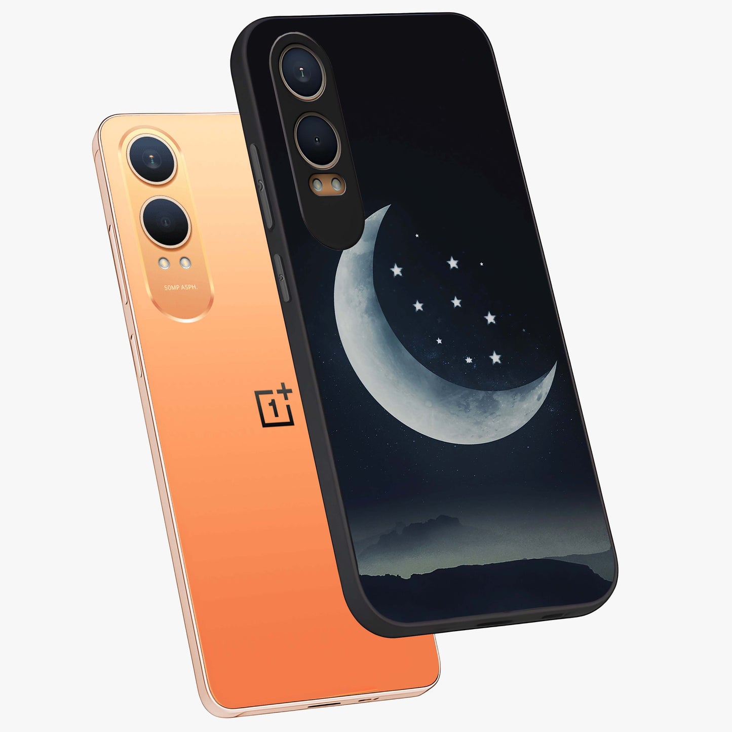 Starry Moon Pattern Glass Case for 1+Nord Ce 4 Lite angled mockup showcasing glossy glass finish and deep night tones