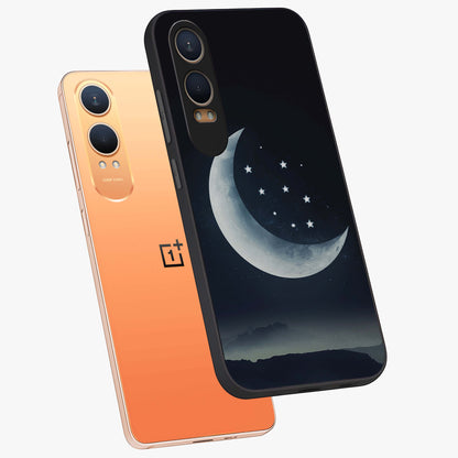 Starry Moon Pattern Glass Case for 1+Nord Ce 4 Lite angled mockup showcasing glossy glass finish and deep night tones