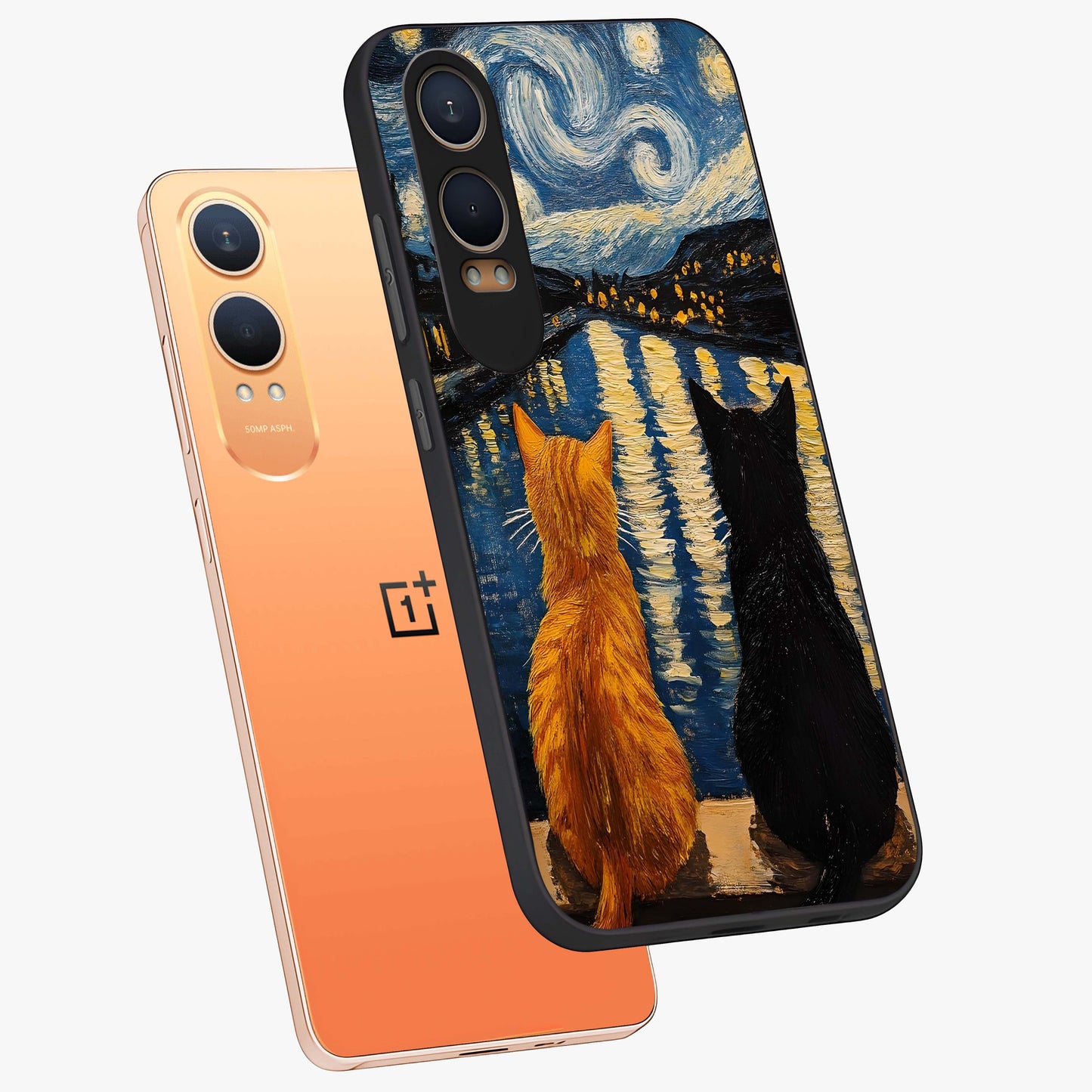 Starry River Cats Glass Case for 1+Nord Ce 4 Lite angled mockup showcasing glossy finish and soft cosmic detailing