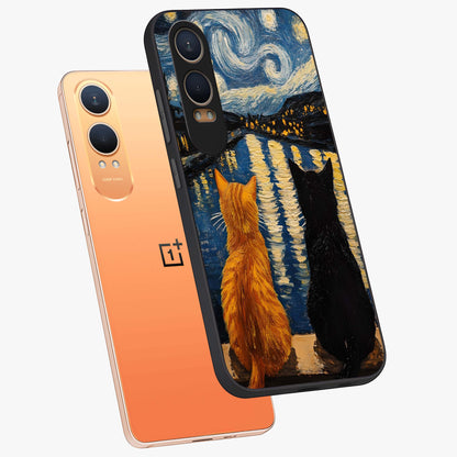 Starry River Cats Glass Case for 1+Nord Ce 4 Lite angled mockup showcasing glossy finish and soft cosmic detailing