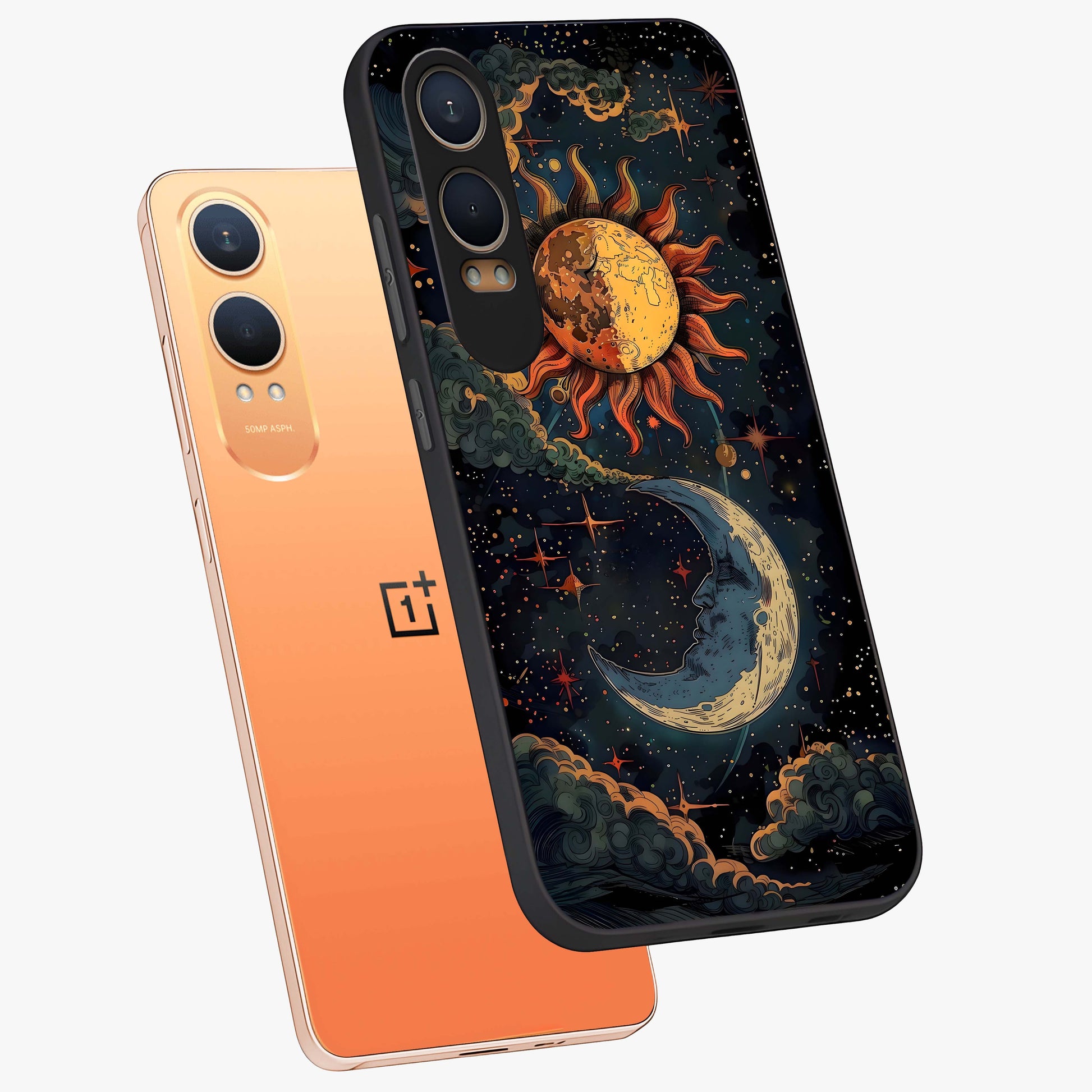 Sun and Moonflowers Glass Case for 1+Nord Ce 4 Lite angled mockup showcasing glossy finish and warm radiant tones