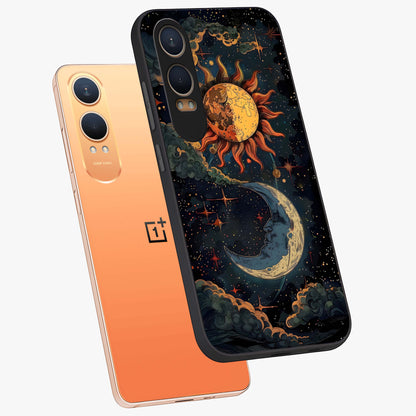 Sun and Moonflowers Glass Case for 1+Nord Ce 4 Lite angled mockup showcasing glossy finish and warm radiant tones