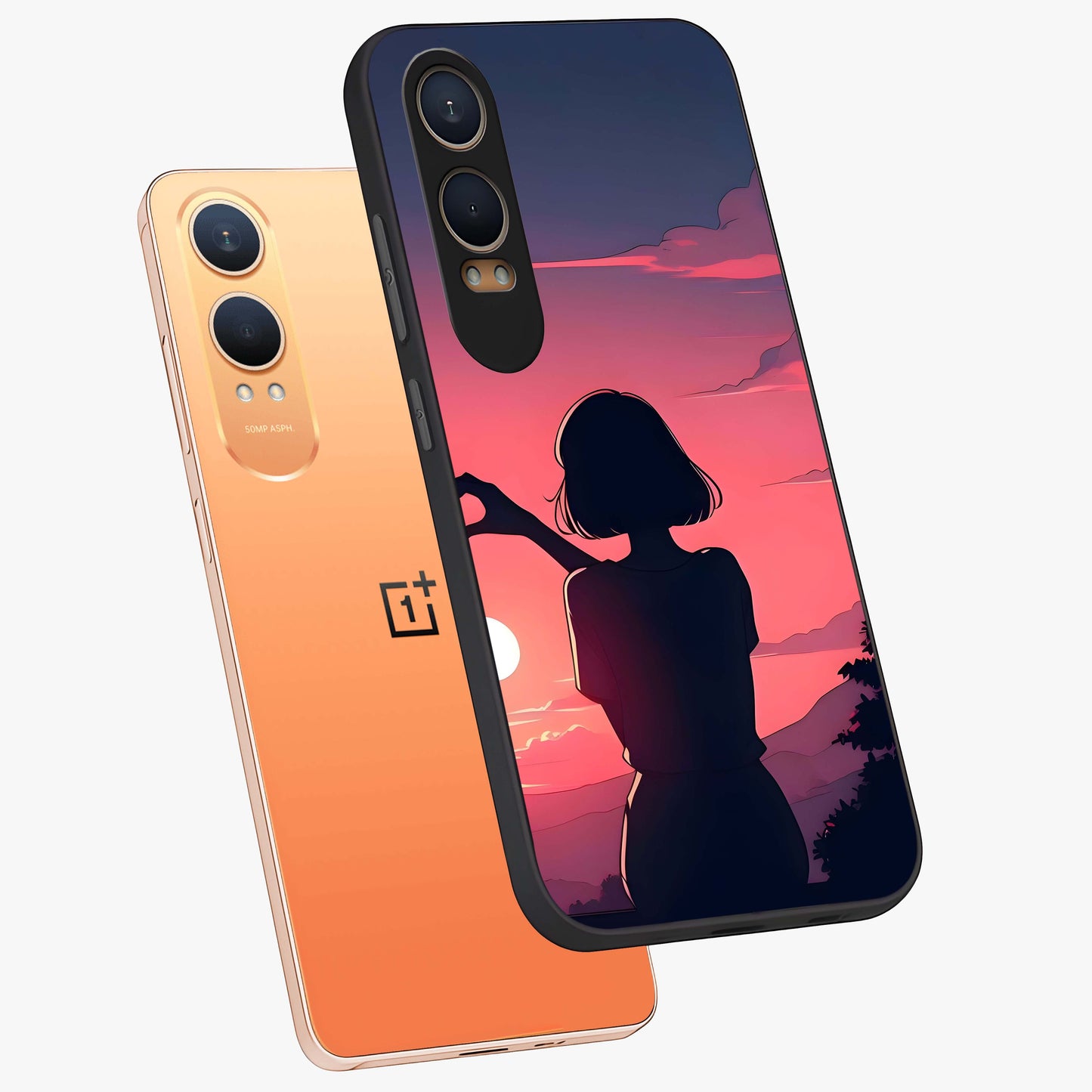 Sunset Silhouette Boy Glass Case for 1+Nord Ce 4 Lite angled mockup showcasing glossy finish and rich orange tones