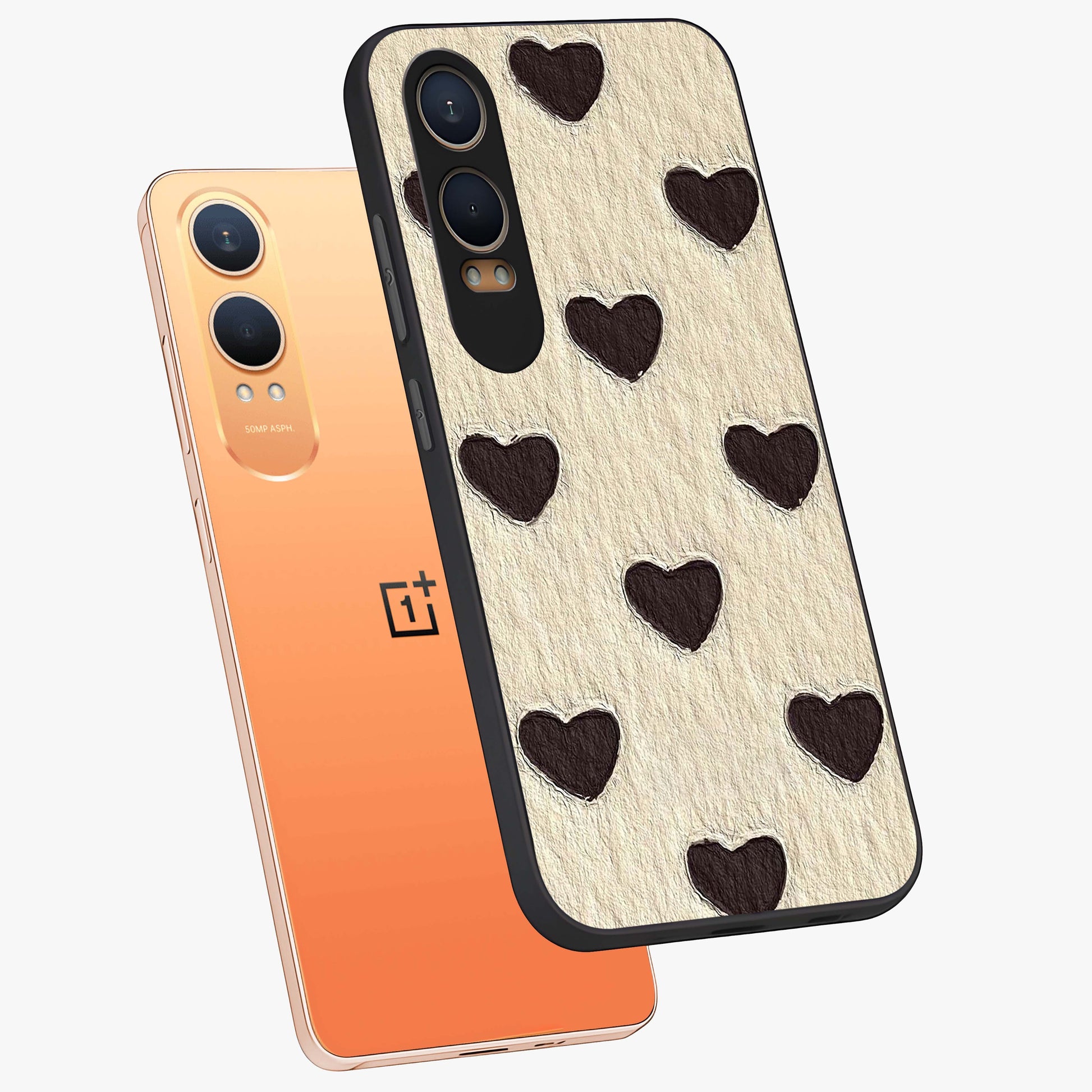 Textured Love Pattern Glass Case for 1+Nord Ce 4 Lite angled mockup showcasing glossy finish and subtle pattern detailing