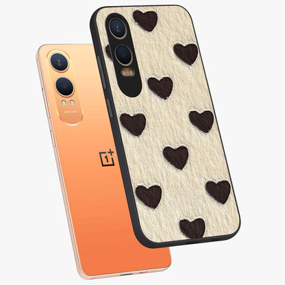 Textured Love Pattern Glass Case for 1+Nord Ce 4 Lite angled mockup showcasing glossy finish and subtle pattern detailing