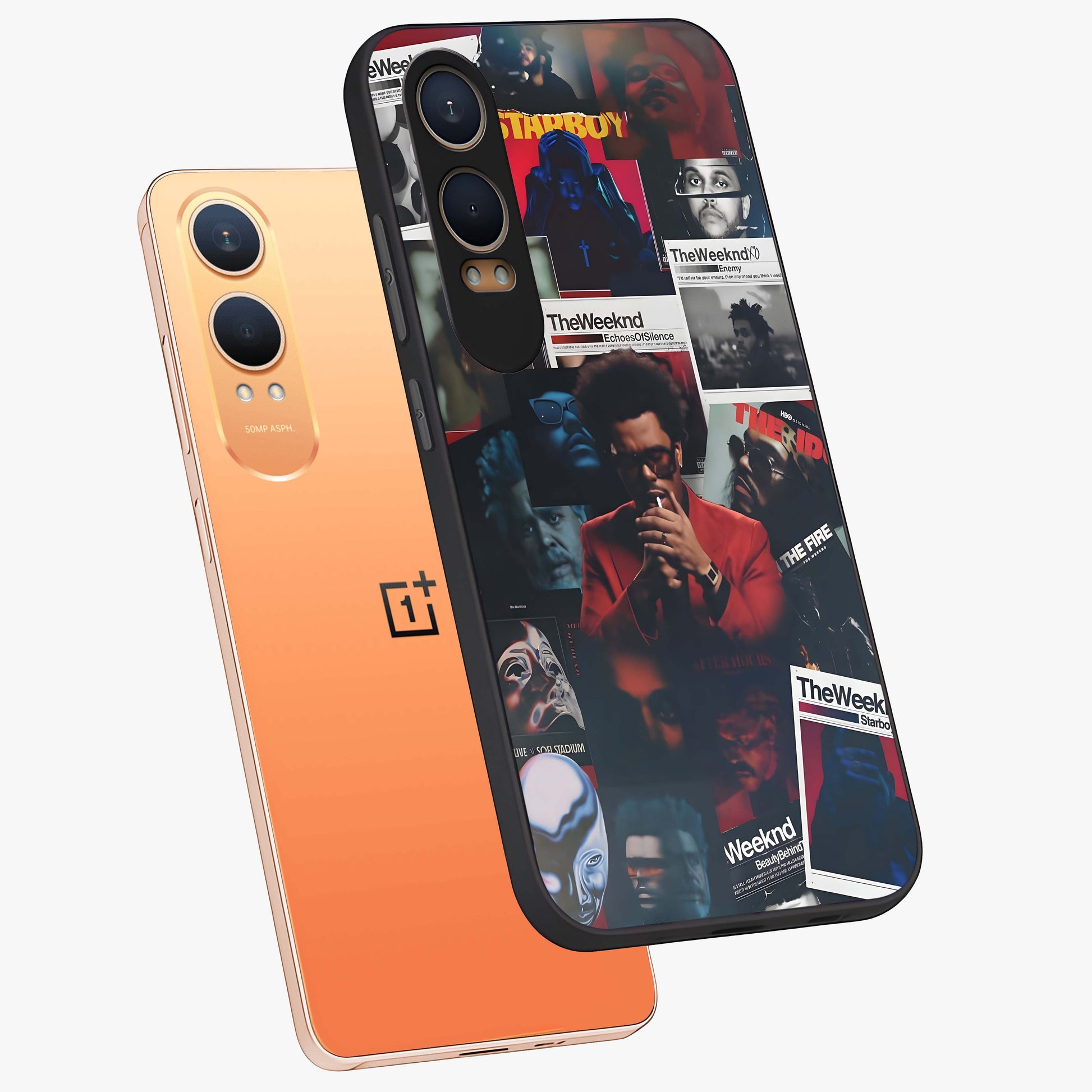 The Weeknd Glass Case for 1+Nord Ce 4 Lite angled mockup showcasing glossy finish and bold modern tones