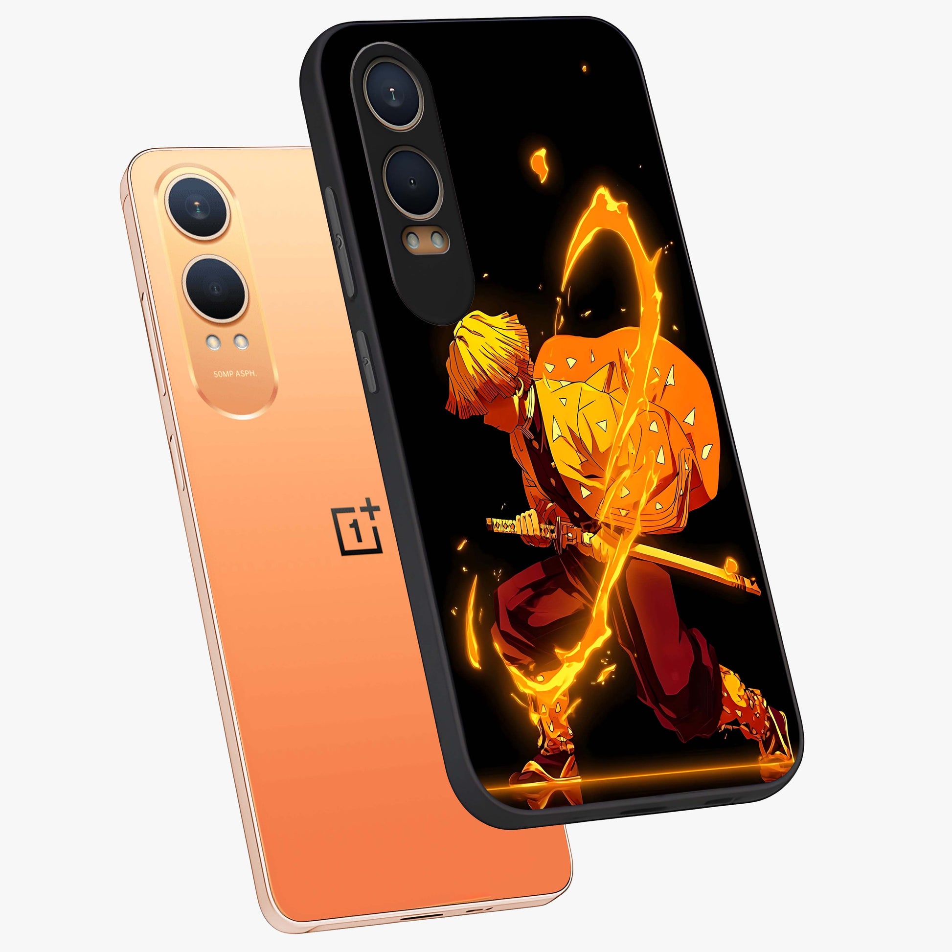 Thunder Flame Execution Glass Case for 1+Nord Ce 4 Lite angled mockup showcasing glossy finish and dramatic high contrast tones