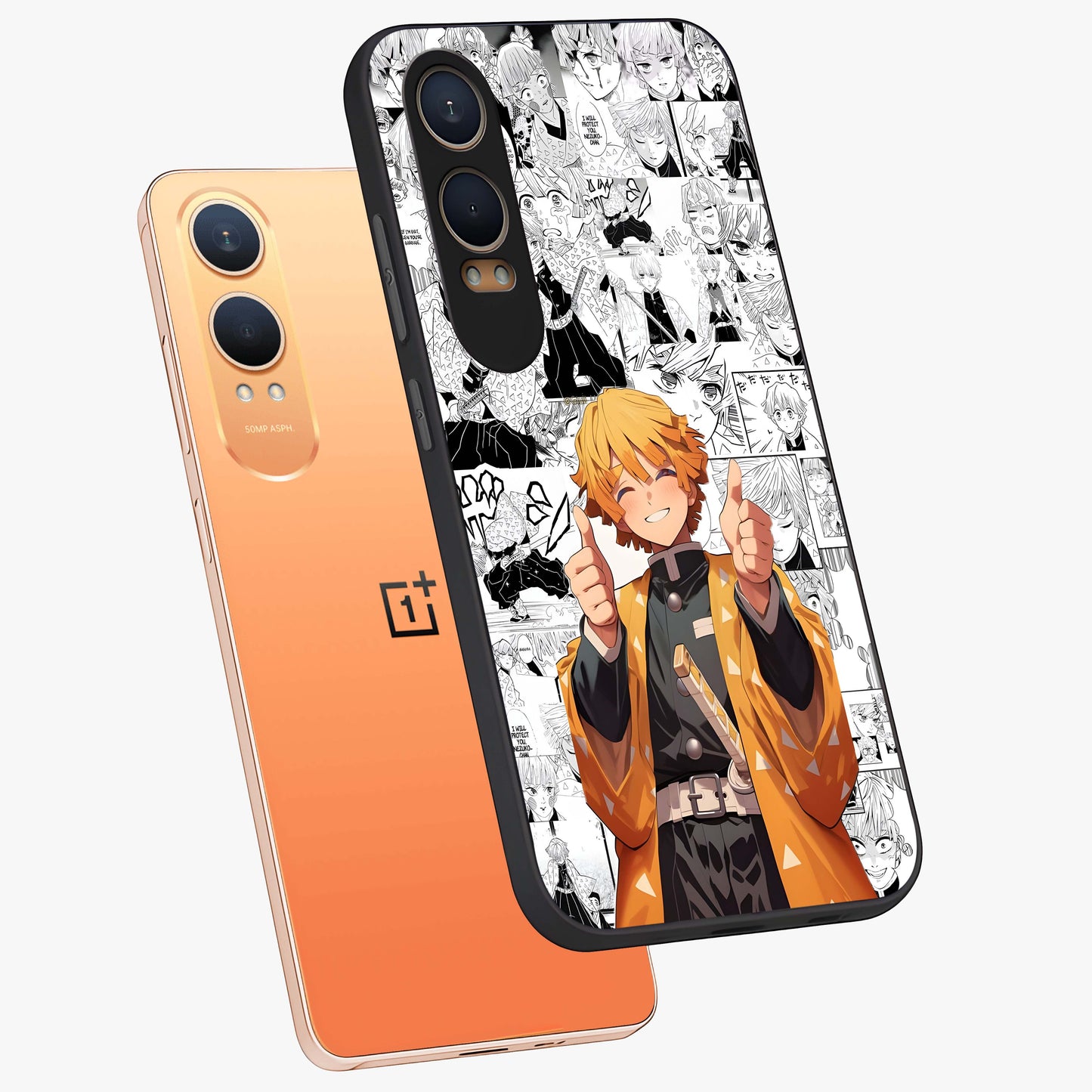 Thunder Smile Hero Glass Case for 1+Nord Ce 4 Lite angled mockup showcasing glossy glass finish and high energy detailing