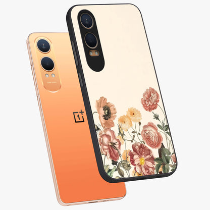 Timeless Garden Romance Glass Case for 1+Nord Ce 4 Lite angled mockup showcasing glossy finish and soft romantic tones