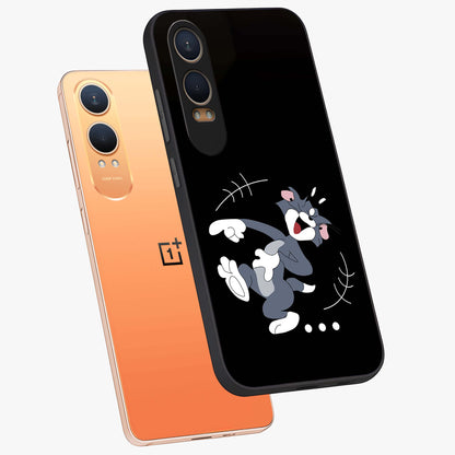 Tom in Trouble Glass Case for 1+Nord Ce 4 Lite angled mockup showcasing glossy finish and vibrant cartoon detailing