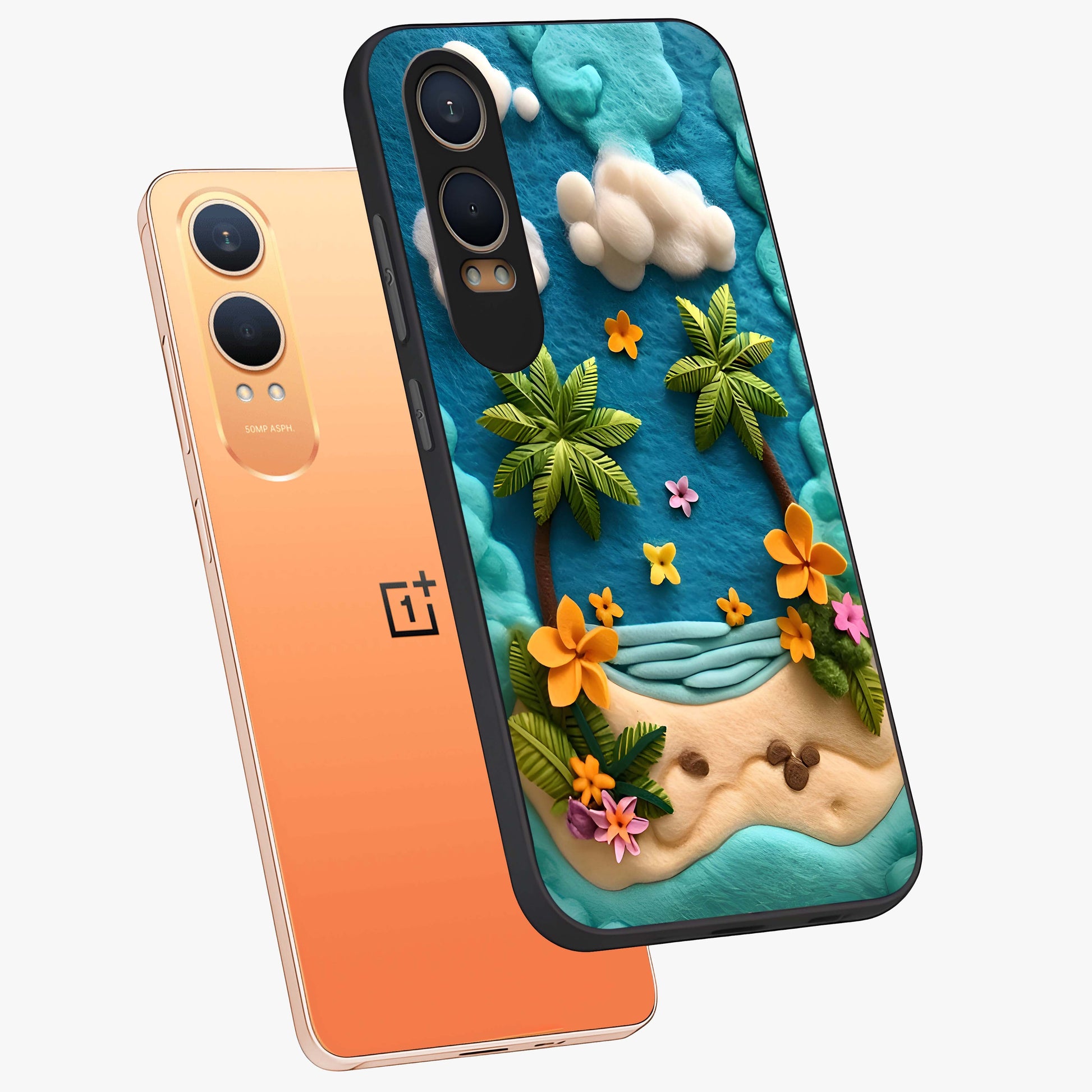 Tropical Felt Escape Glass Case for 1+Nord Ce 4 Lite angled mockup showcasing glossy finish and vibrant island tones