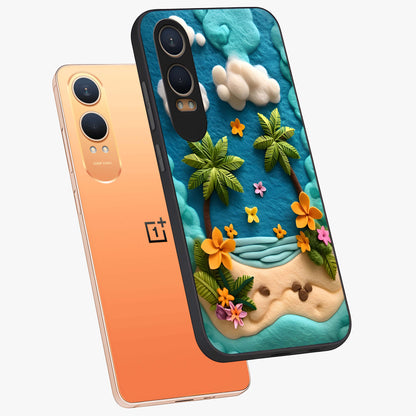 Tropical Felt Escape Glass Case for 1+Nord Ce 4 Lite angled mockup showcasing glossy finish and vibrant island tones