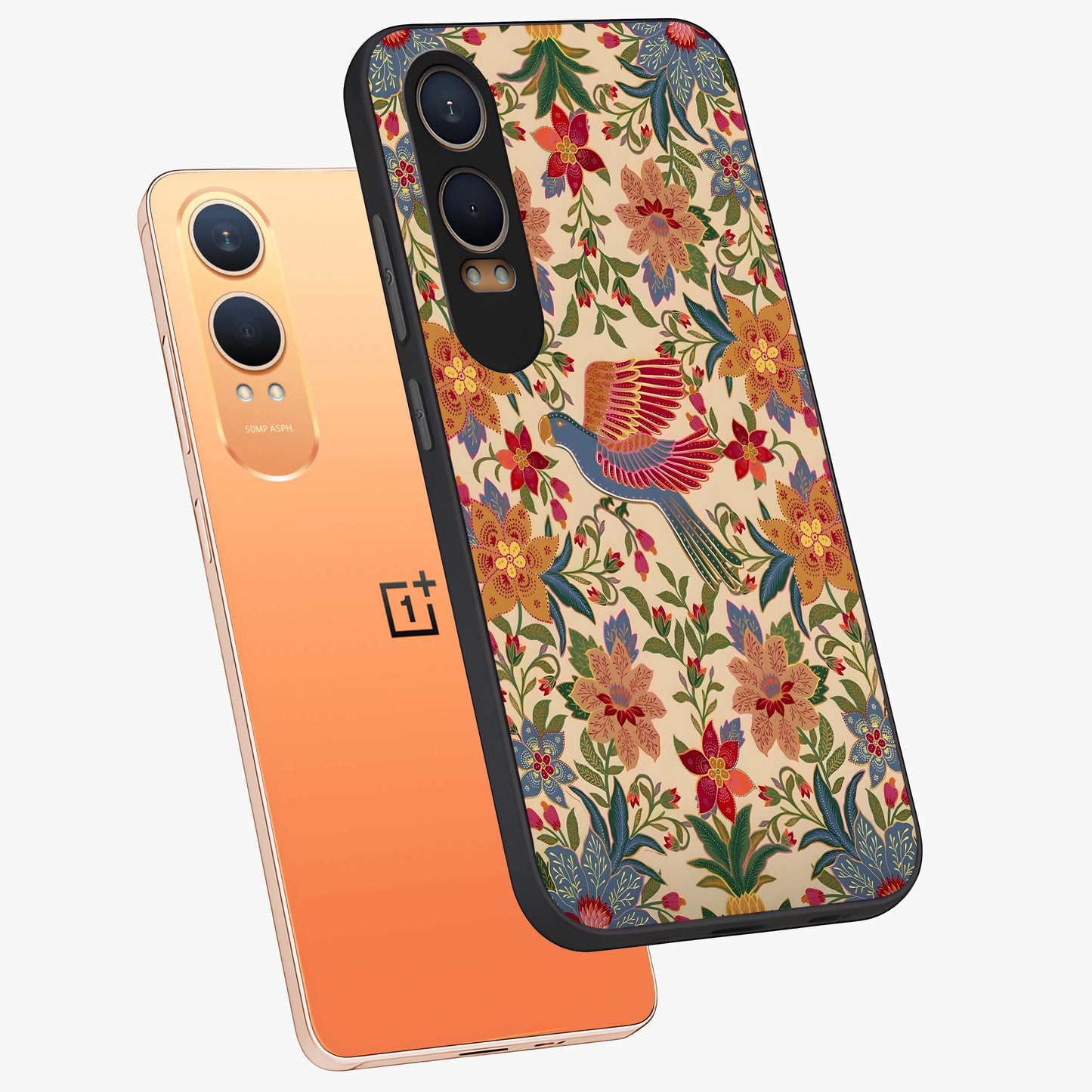 Tropical Folk Art Bird Glass Case for 1+Nord Ce 4 Lite angled mockup showcasing glossy finish and rich cultural tones