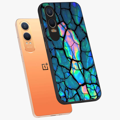 Tropical Wing Vibe Glass Case for 1+Nord Ce 4 Lite angled mockup showcasing glossy finish and bold gradient detailing