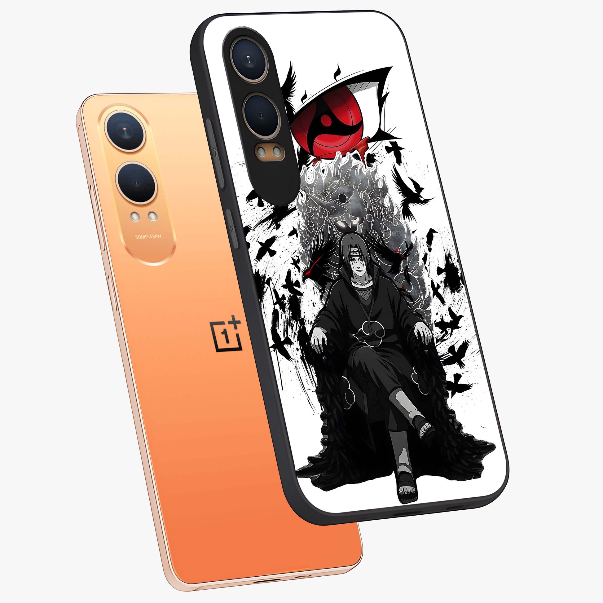 Uchiha Shadow Throne Glass Case for 1+Nord Ce 4 Lite angled mockup showcasing glossy finish and dramatic shadow detailing