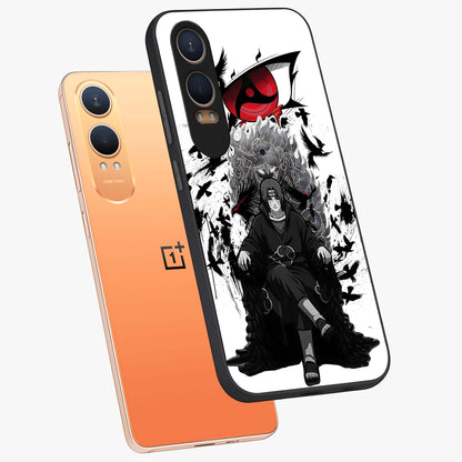Uchiha Shadow Throne Glass Case for 1+Nord Ce 4 Lite angled mockup showcasing glossy finish and dramatic shadow detailing