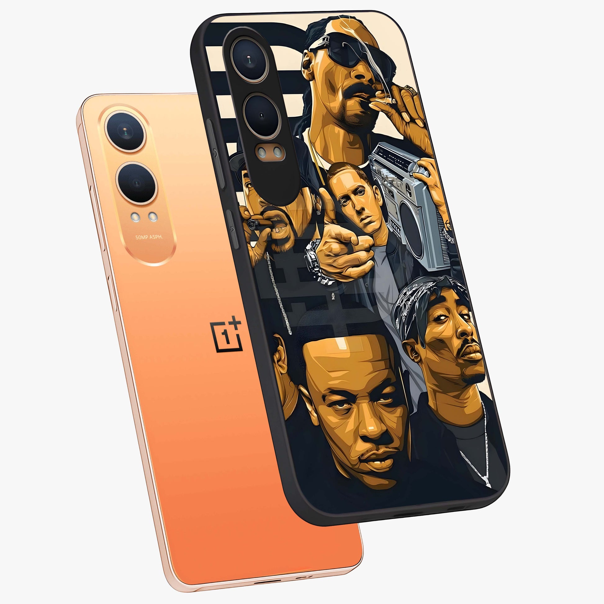 Urban Rap Legends Glass Case for 1+Nord Ce 4 Lite angled mockup showcasing glossy finish and edgy urban detailing