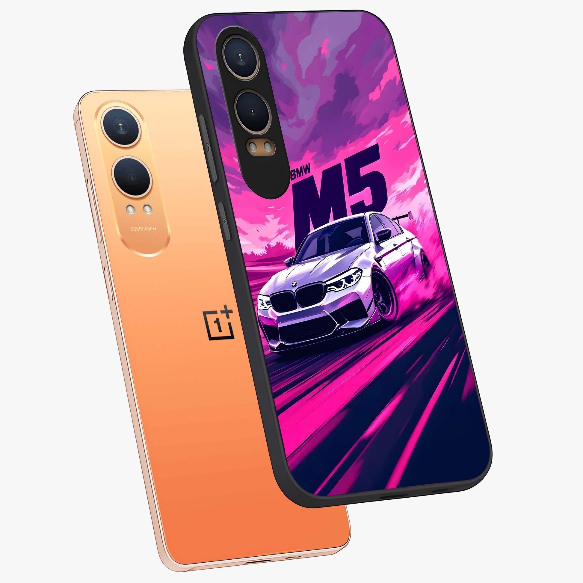 Velocity Drift Pulse Glass Case for 1+Nord Ce 4 Lite angled mockup showcasing glossy finish and bold speed gradients