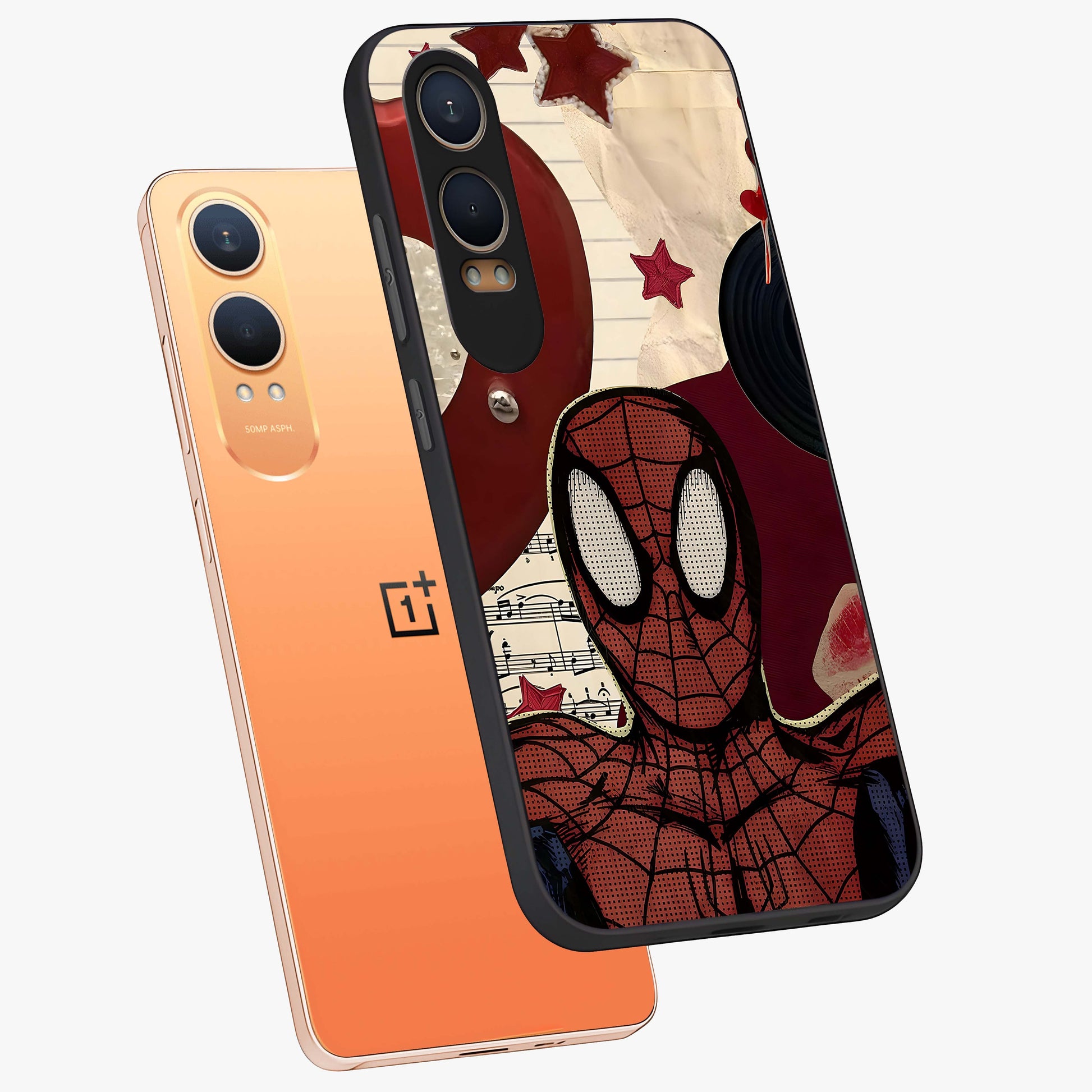 Web Warrior Vibes Glass Case for 1+Nord CE 4 Lite angled mockup showcasing glossy finish and bold comic style detailing