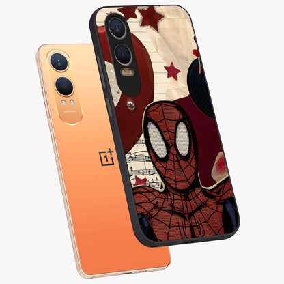 Web Warrior Vibes Glass Case for 1+Nord CE 4 Lite angled mockup showcasing glossy finish and bold comic style detailing