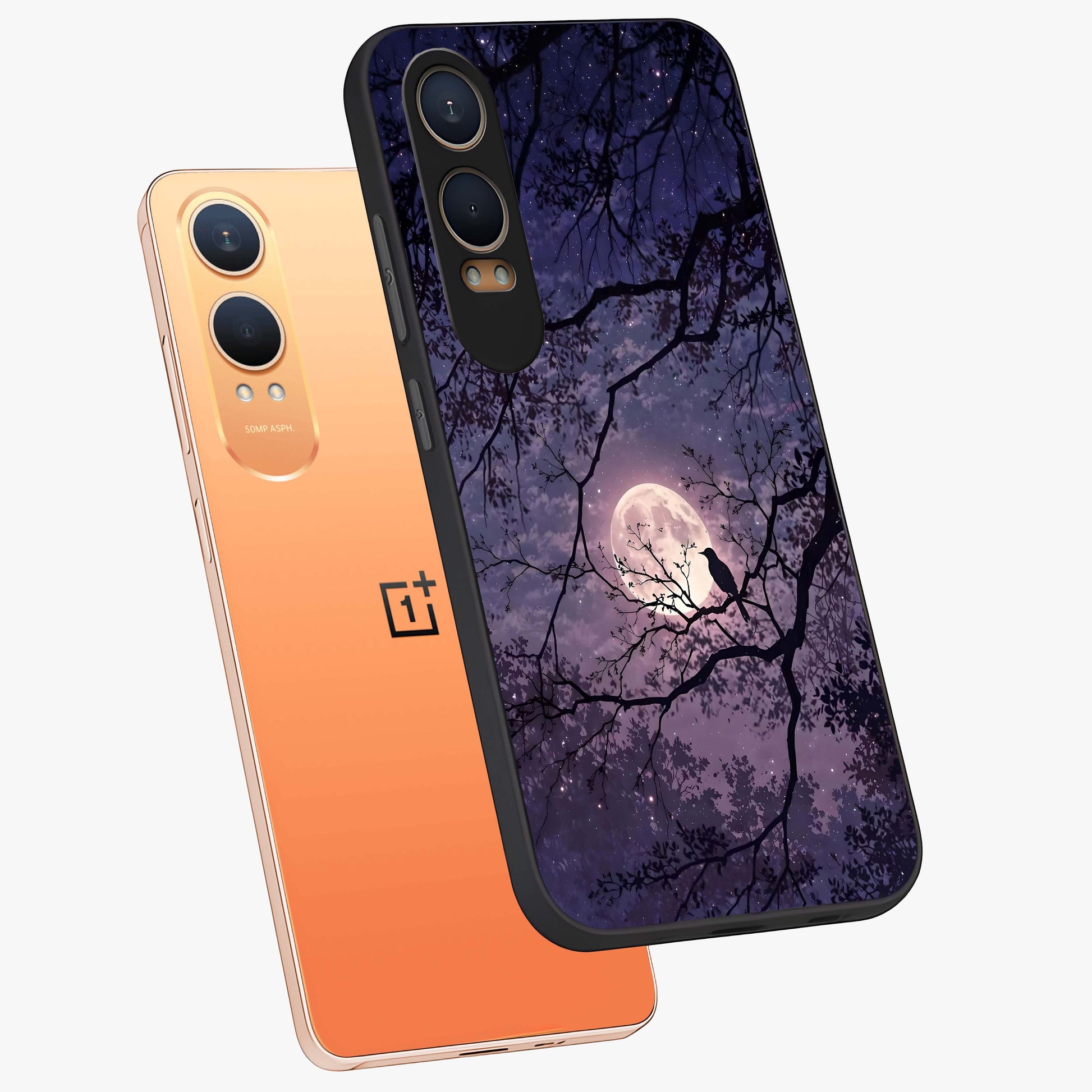 Whispering Moon Silence Glass Case for 1+Nord Ce 4 Lite angled mockup showcasing glossy finish and subtle celestial detailing