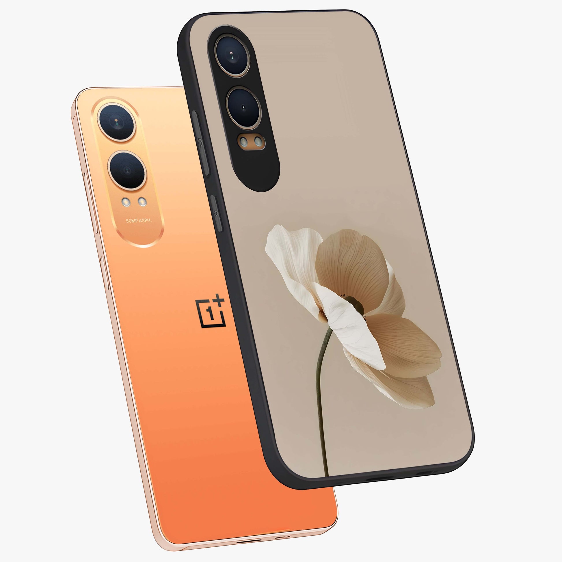 Whispering Petals Glass Case for 1+Nord Ce 4 Lite angled mockup showcasing glossy finish and muted romantic tones