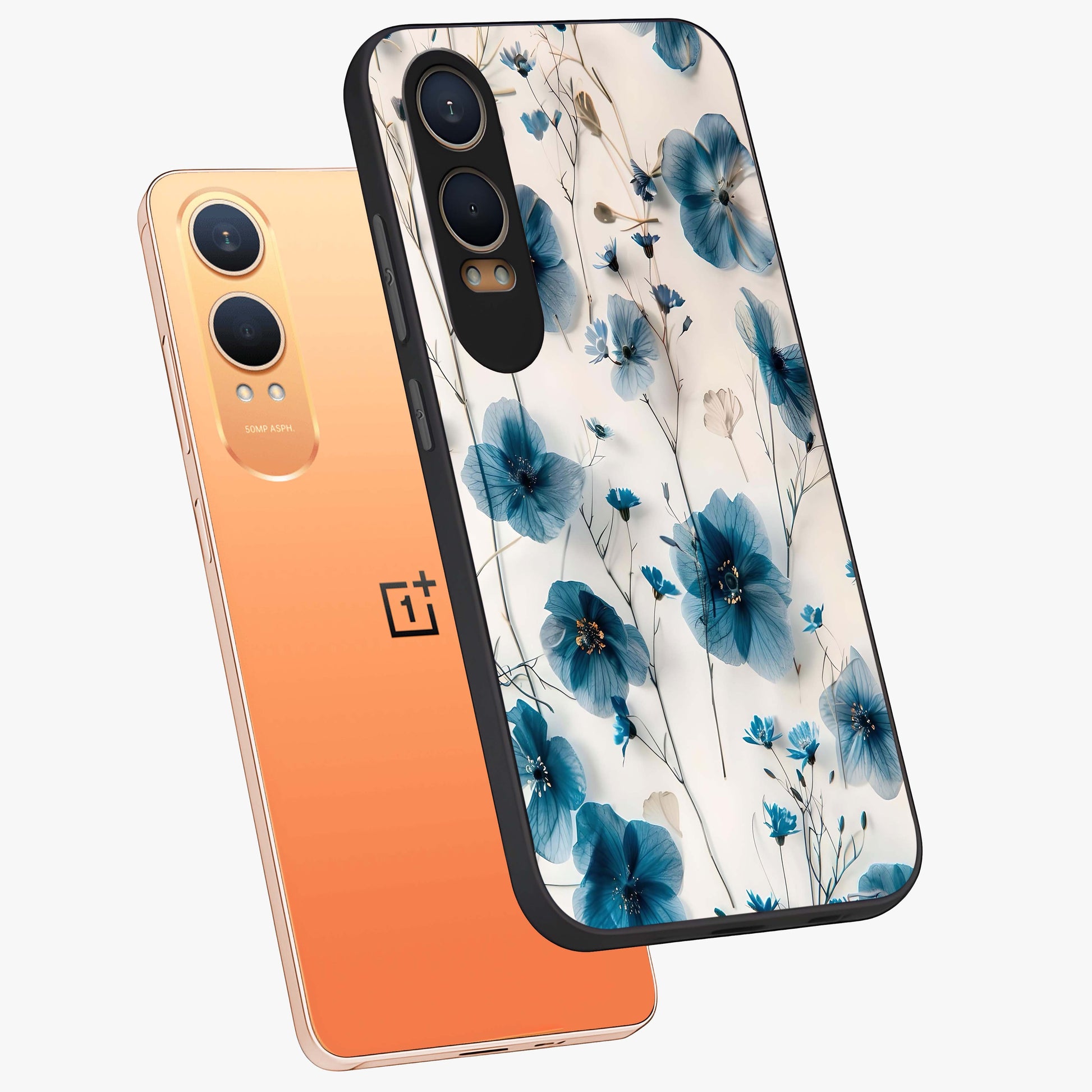 Whispers of Blue Bloom Glass Case for 1+Nord Ce 4 Lite angled mockup showcasing glossy finish and cool sapphire tones