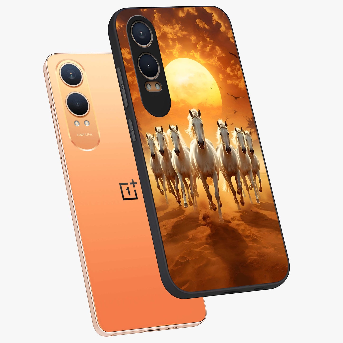 Wild Sunset Majesty Glass Case for 1+Nord CE 4 Lite angled mockup showcasing glossy finish and warm fiery gradients