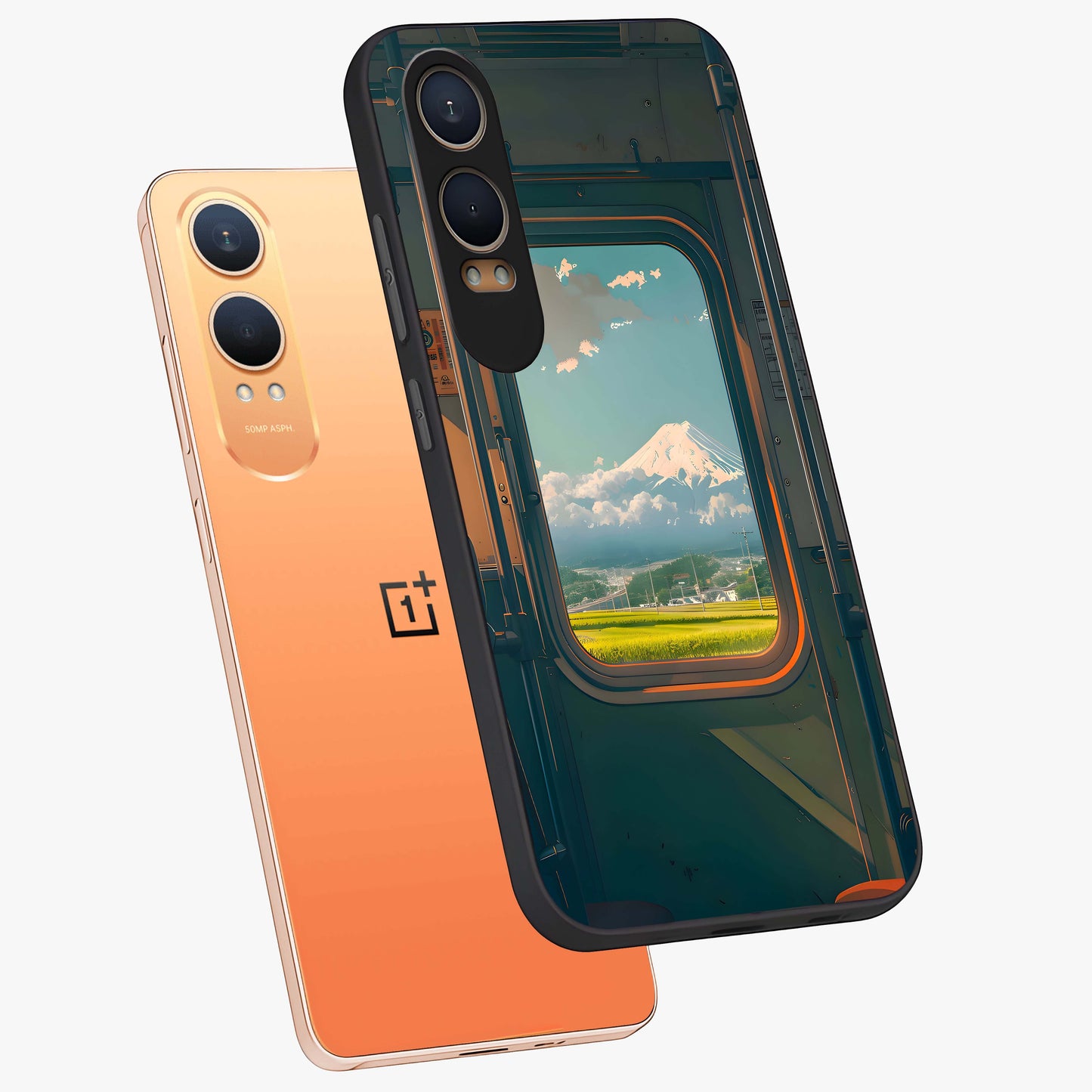 Window to Fuji Glass Case for 1+Nord Ce 4 Lite angled mockup showcasing glossy finish and serene landscape tones