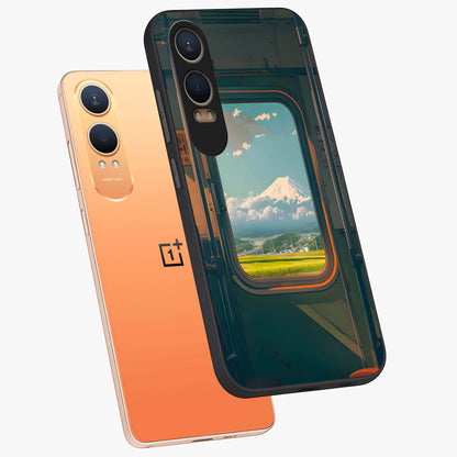 Window to Fuji Glass Case for 1+Nord Ce 4 Lite angled mockup showcasing glossy finish and serene landscape tones