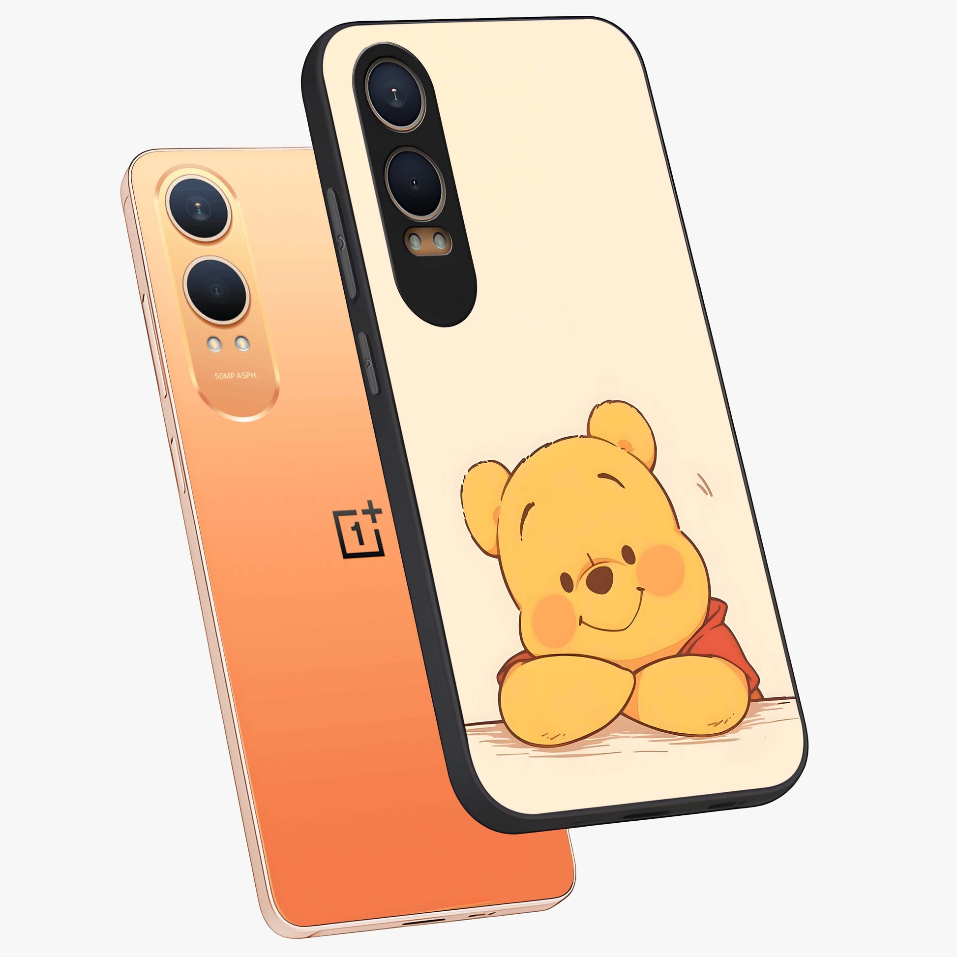 Winniethe Pooh Glass Case for 1+Nord Ce 4 Lite angled mockup showcasing glossy finish and soft playful tones