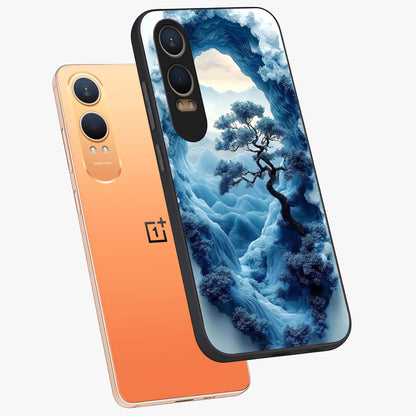 Winter Gate View Glass Case for 1+Nord Ce 4 Lite angled mockup showcasing glossy finish and cool winter gradients