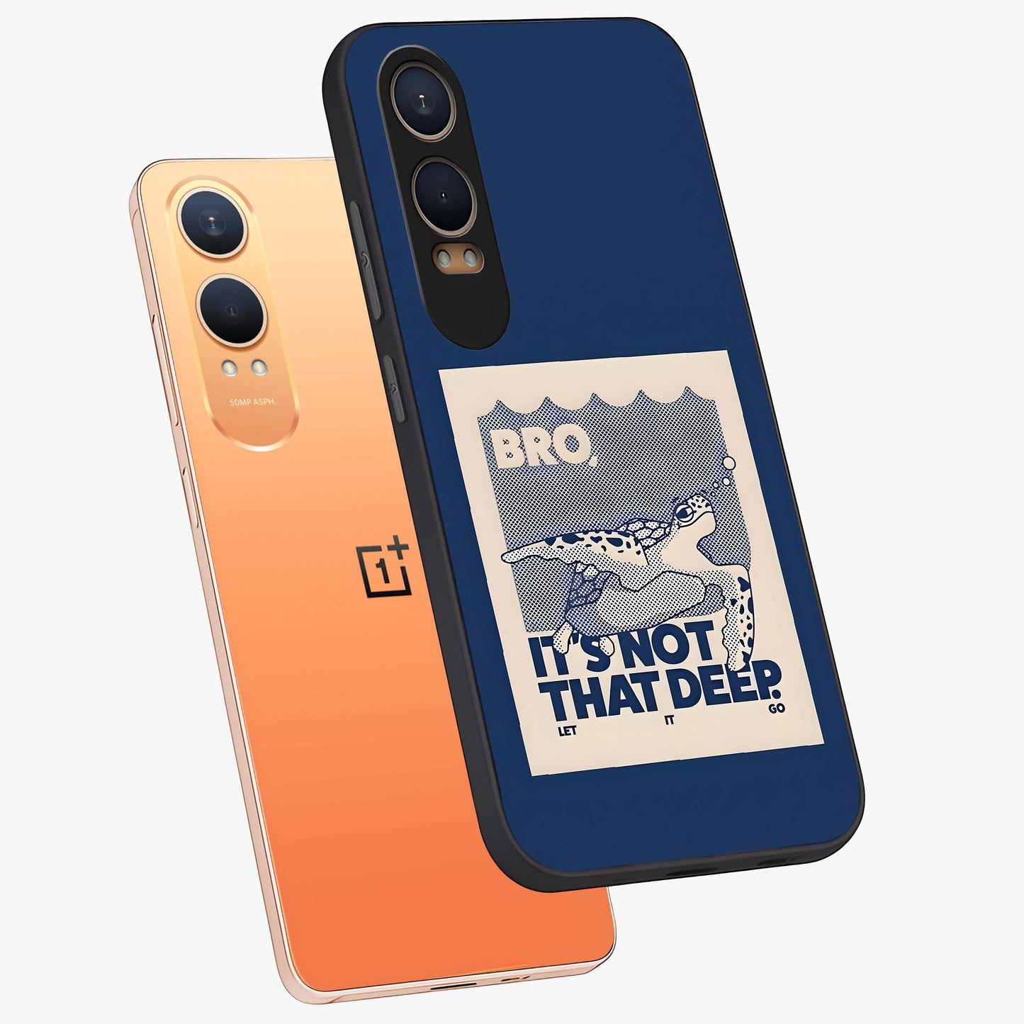 Worry Less Swim Glass Case for 1+Nord Ce 4 Lite angled mockup showcasing glossy finish and fresh ocean tones