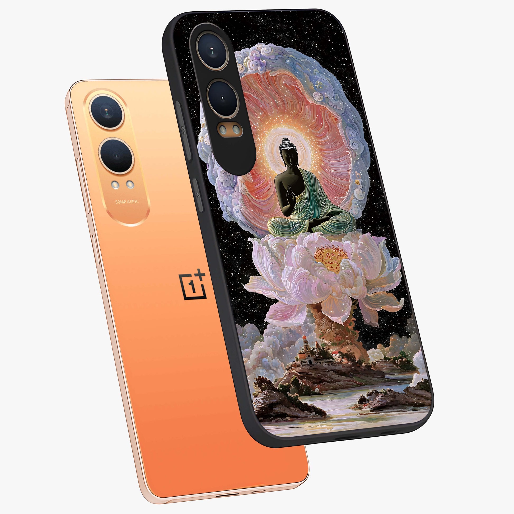 Zen Lotus Realm Glass Case for 1+Nord Ce 4 Lite angled mockup showcasing glossy finish and serene gradient detailing