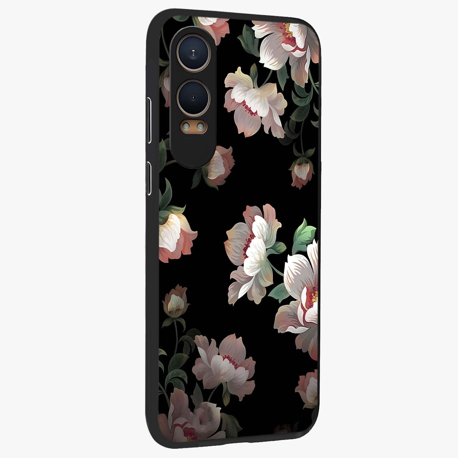 Abstract Embossed Blooming Bright Flower Glass Case for 1+Nord Ce 4 Lite side perspective highlighting bright embossed flower texture