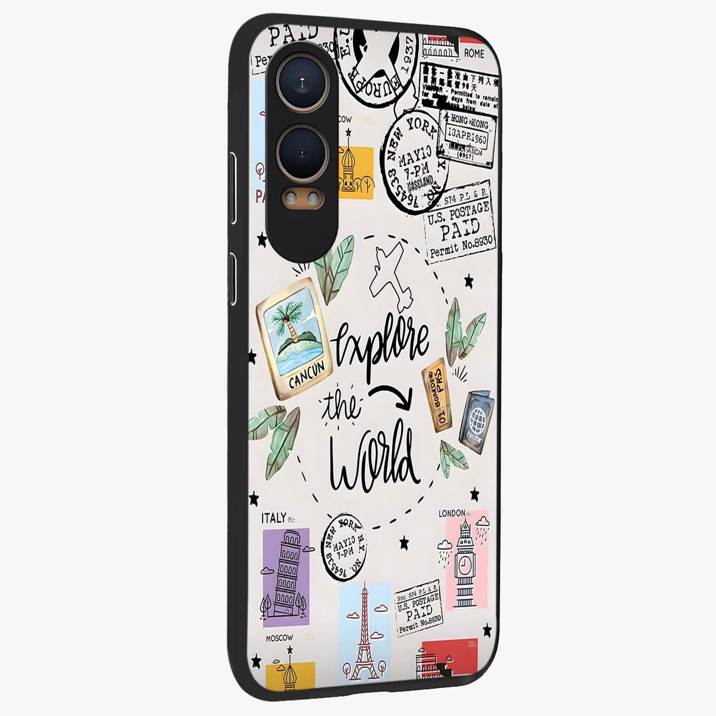 Adventure Awaits Art Glass Case for 1+Nord Ce 4 Lite side perspective highlighting motivational travel graphic details