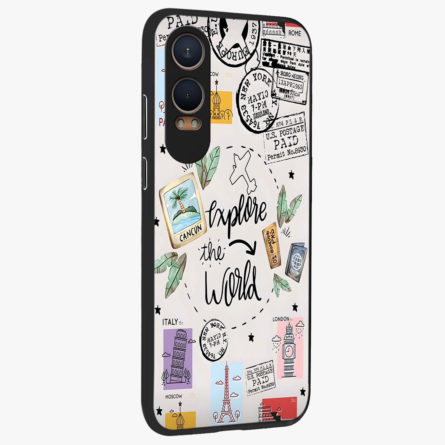 Adventure Awaits Art Glass Case for 1+Nord Ce 4 Lite side perspective highlighting motivational travel graphic details