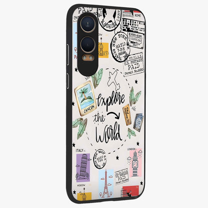 Adventure Awaits Art Glass Case for 1+Nord Ce 4 Lite side perspective highlighting motivational travel graphic details