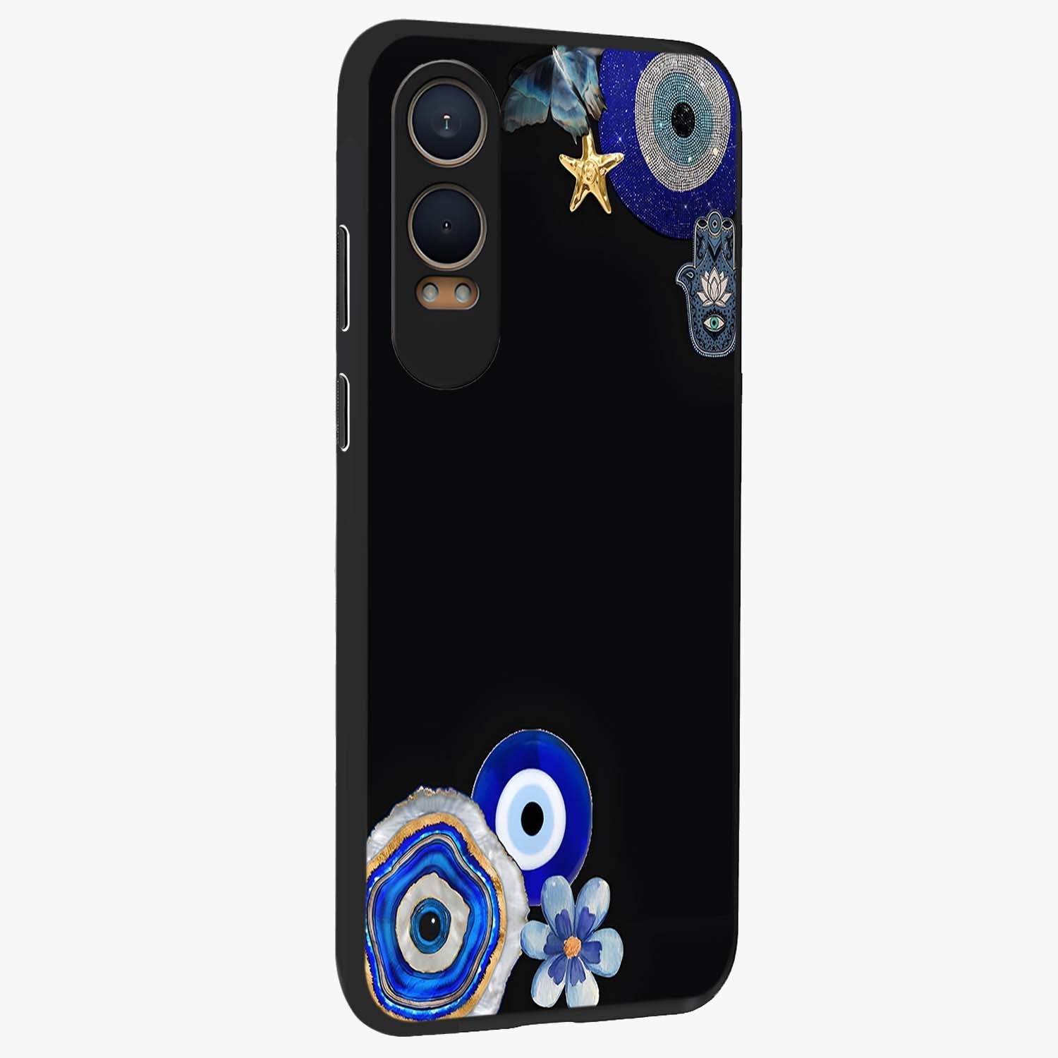 Aesthetic Blue Evil Eye Glass Case for 1+Nord CE 4 Lite side perspective highlighting bold blue evil eye detailing