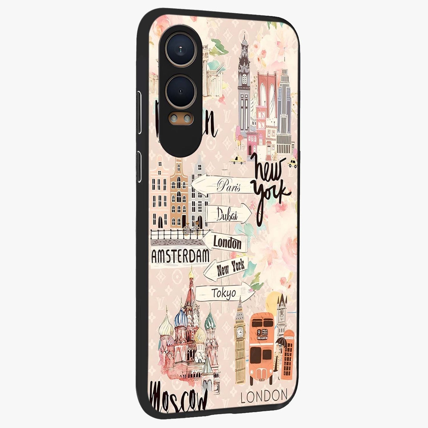 Aesthetic Travel Glass Case for 1+Nord Ce 4 Lite side perspective highlighting bold travel graphic details