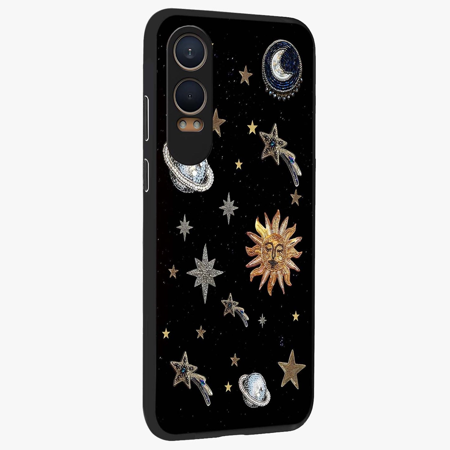 Beaded Cosmic Dreams Glass Case for 1+Nord CE 4 Lite side perspective highlighting intricate beaded cosmic textures
