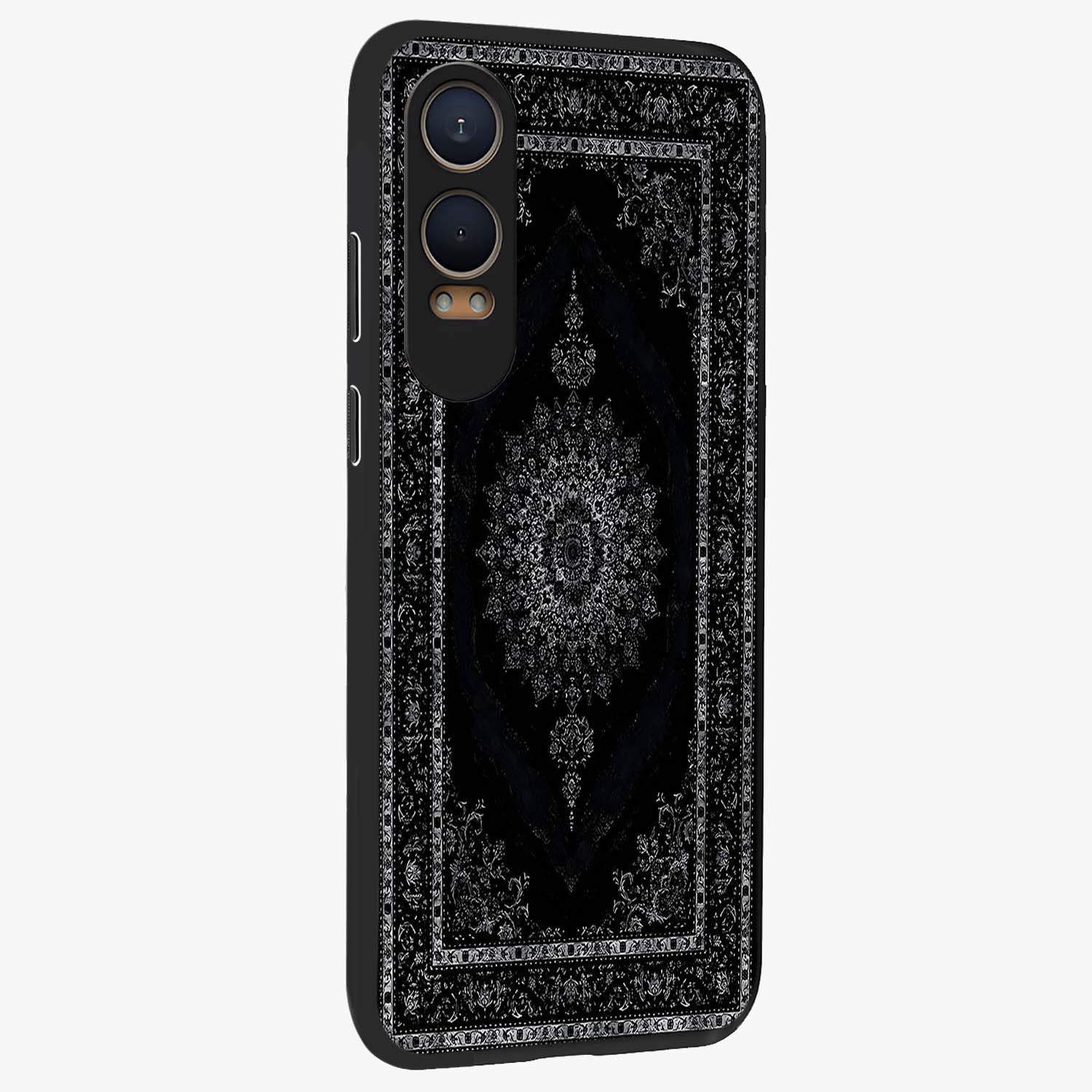 Black Persian Carpet Glass Case for 1+Nord Ce 4 Lite side perspective highlighting classic pattern textures and premium build