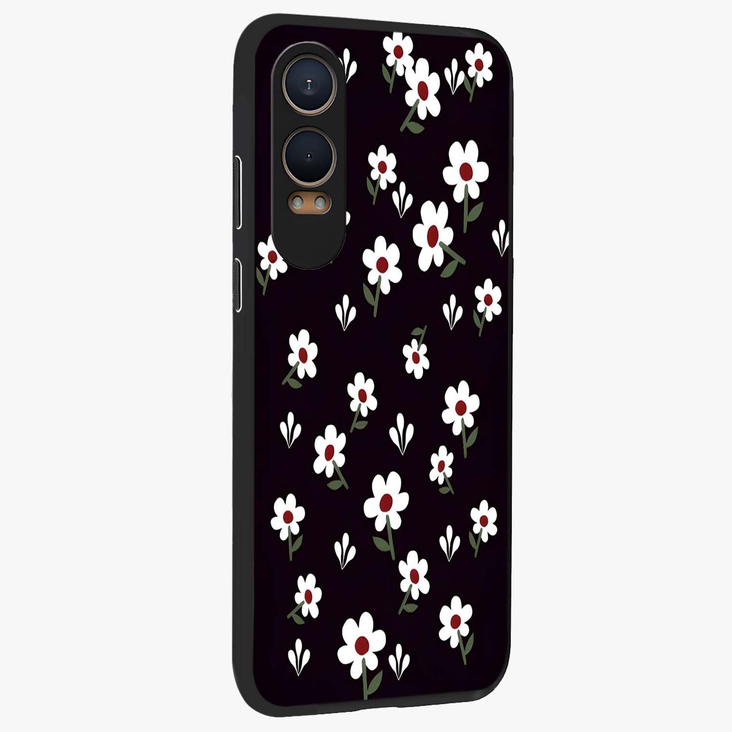 Black Prints Daisy Flower Pattern Glass Case for 1+Nord CE 4 Lite side perspective highlighting delicate daisy details and smooth edges