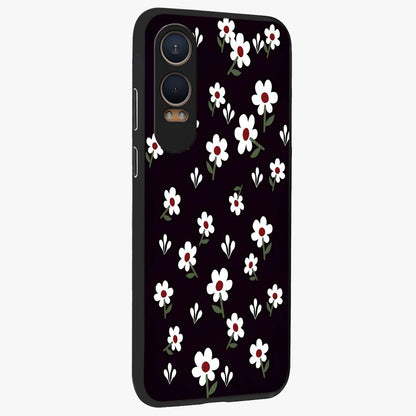 Black Prints Daisy Flower Pattern Glass Case for 1+Nord CE 4 Lite side perspective highlighting delicate daisy details and smooth edges